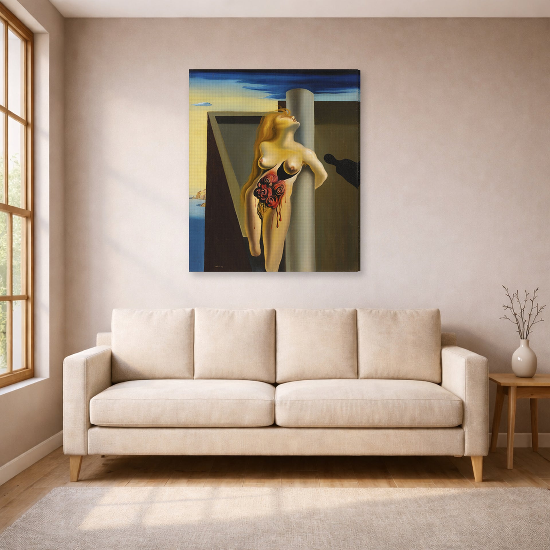 Gallery-wrapped canvas print of Salvador Dali's Bleeding Roses displayed on a wall in a living room