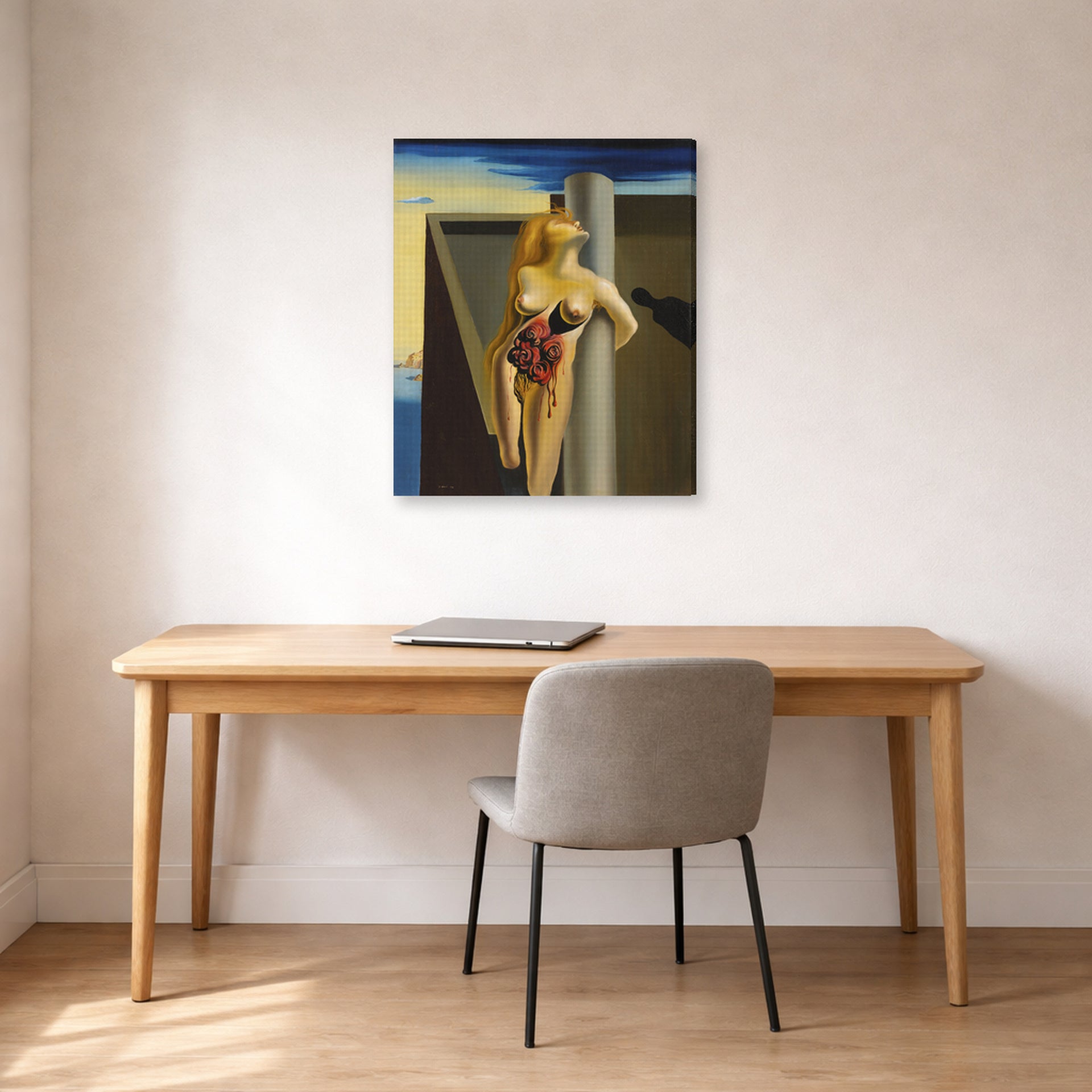 Gallery-wrapped canvas print of Salvador Dali's Bleeding Roses displayed on a wall in a office