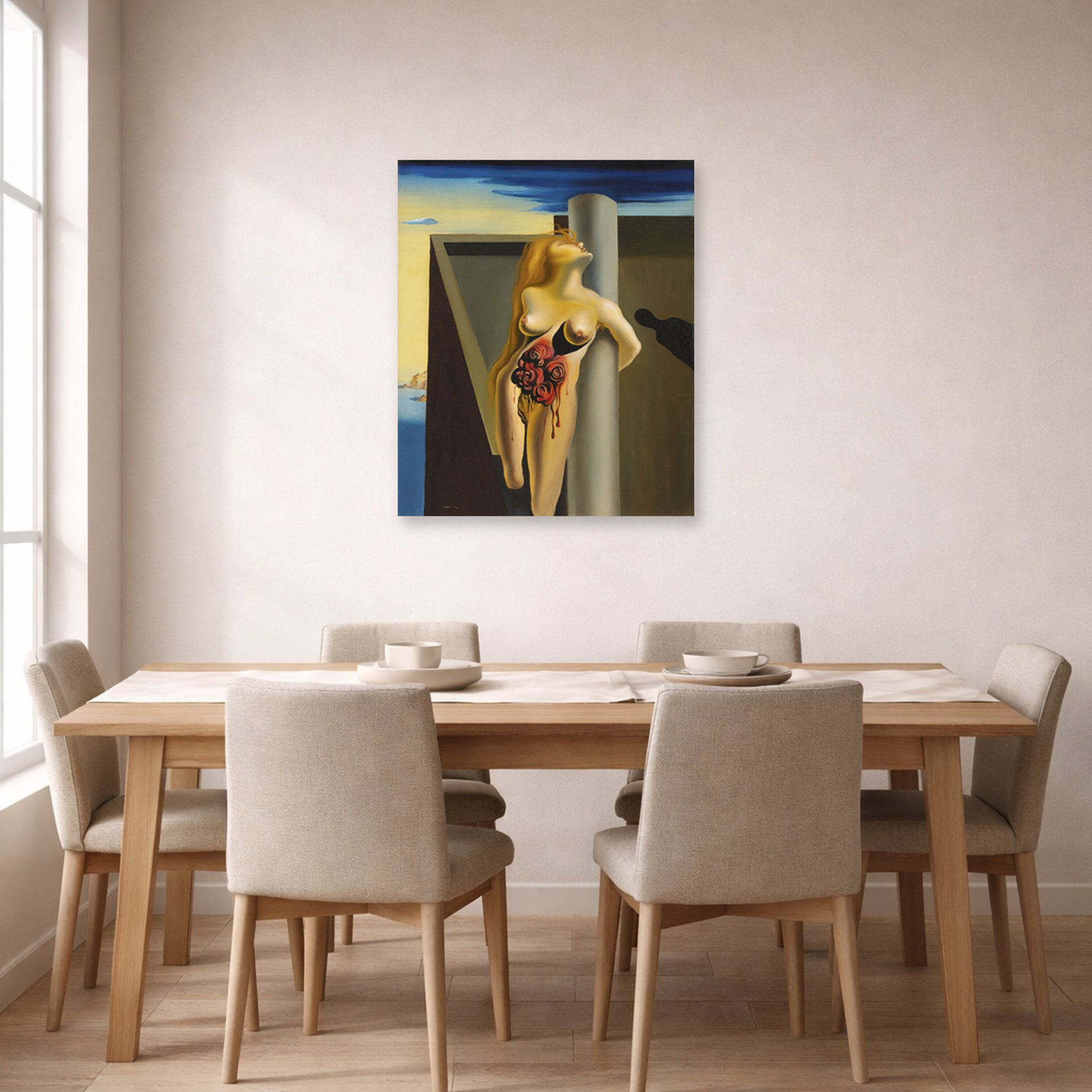 Unframed poster print of Salvador Dali's Bleeding Roses displayed on a wall in a dining room