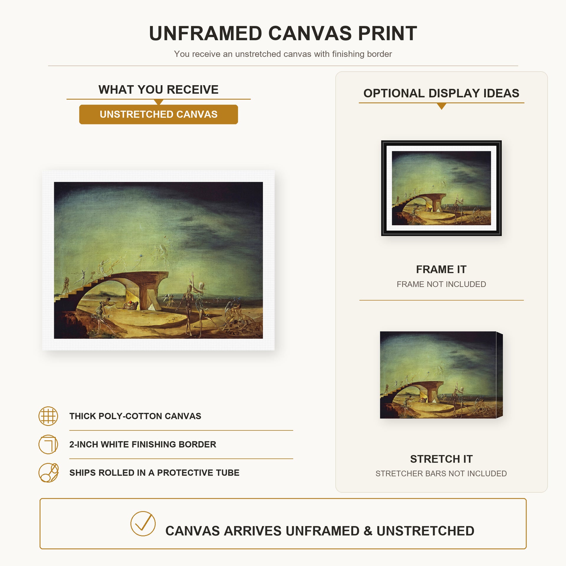 Salvador Dali - Broken Bridge and the Dream canvas print size comparison and framing display infographic