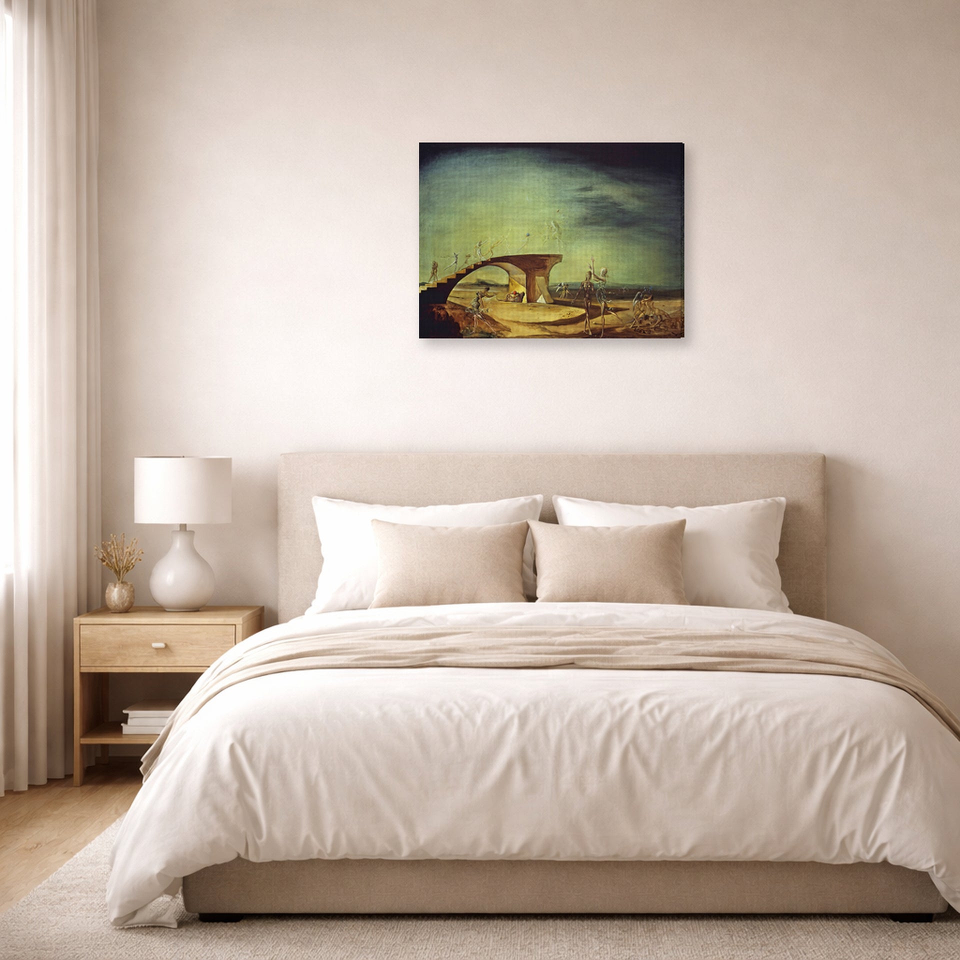 Gallery-wrapped canvas print of Salvador Dali's Broken Bridge and the Dream displayed on a wall in a bedroom