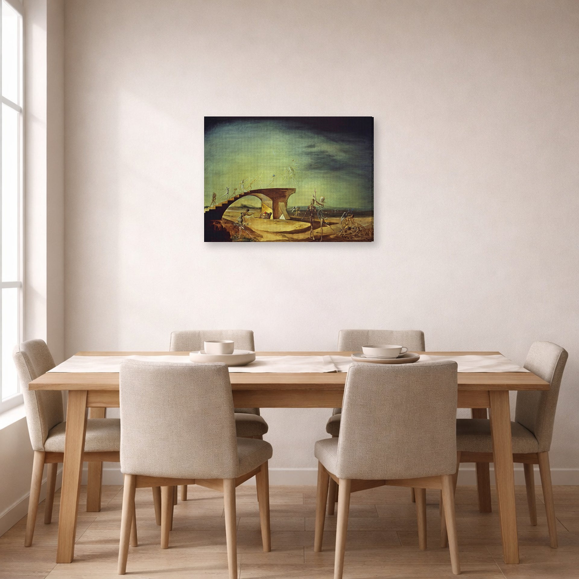 Gallery-wrapped canvas print of Salvador Dali's Broken Bridge and the Dream displayed on a wall in a dining room