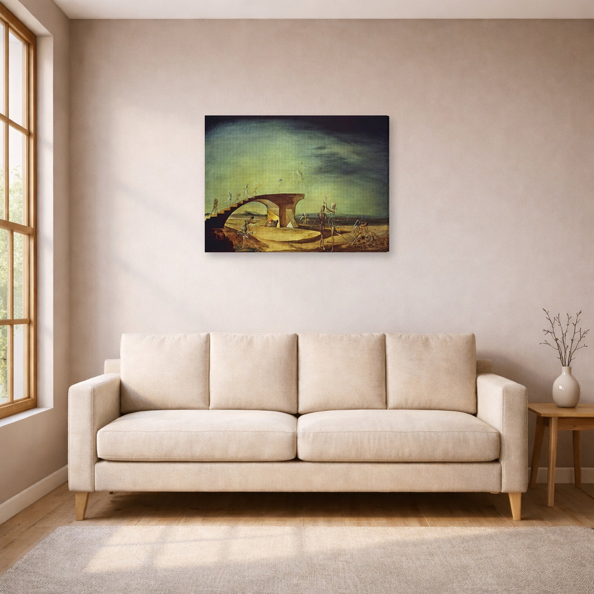Gallery-wrapped canvas print of Salvador Dali's Broken Bridge and the Dream displayed on a wall in a living room