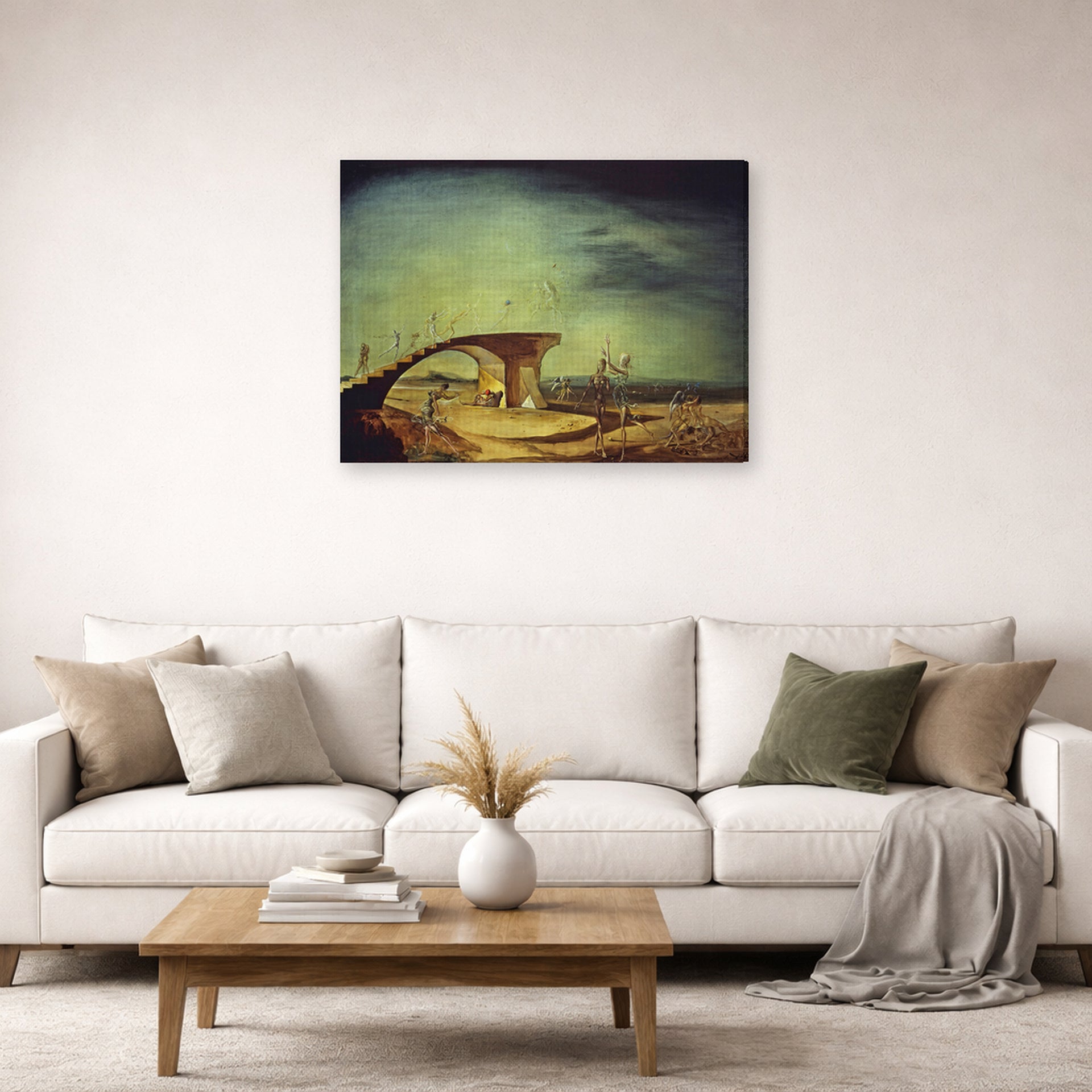Gallery-wrapped canvas print of Salvador Dali's Broken Bridge and the Dream displayed on a wall in a living room