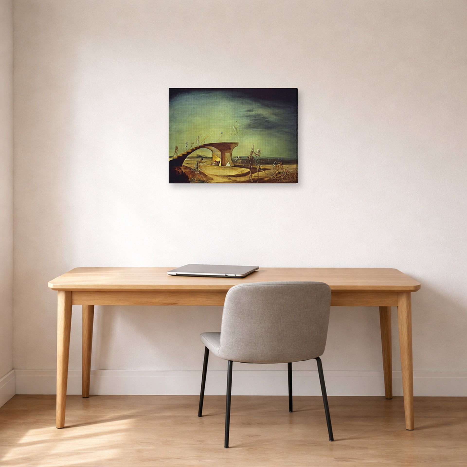 Gallery-wrapped canvas print of Salvador Dali's Broken Bridge and the Dream displayed on a wall in a office