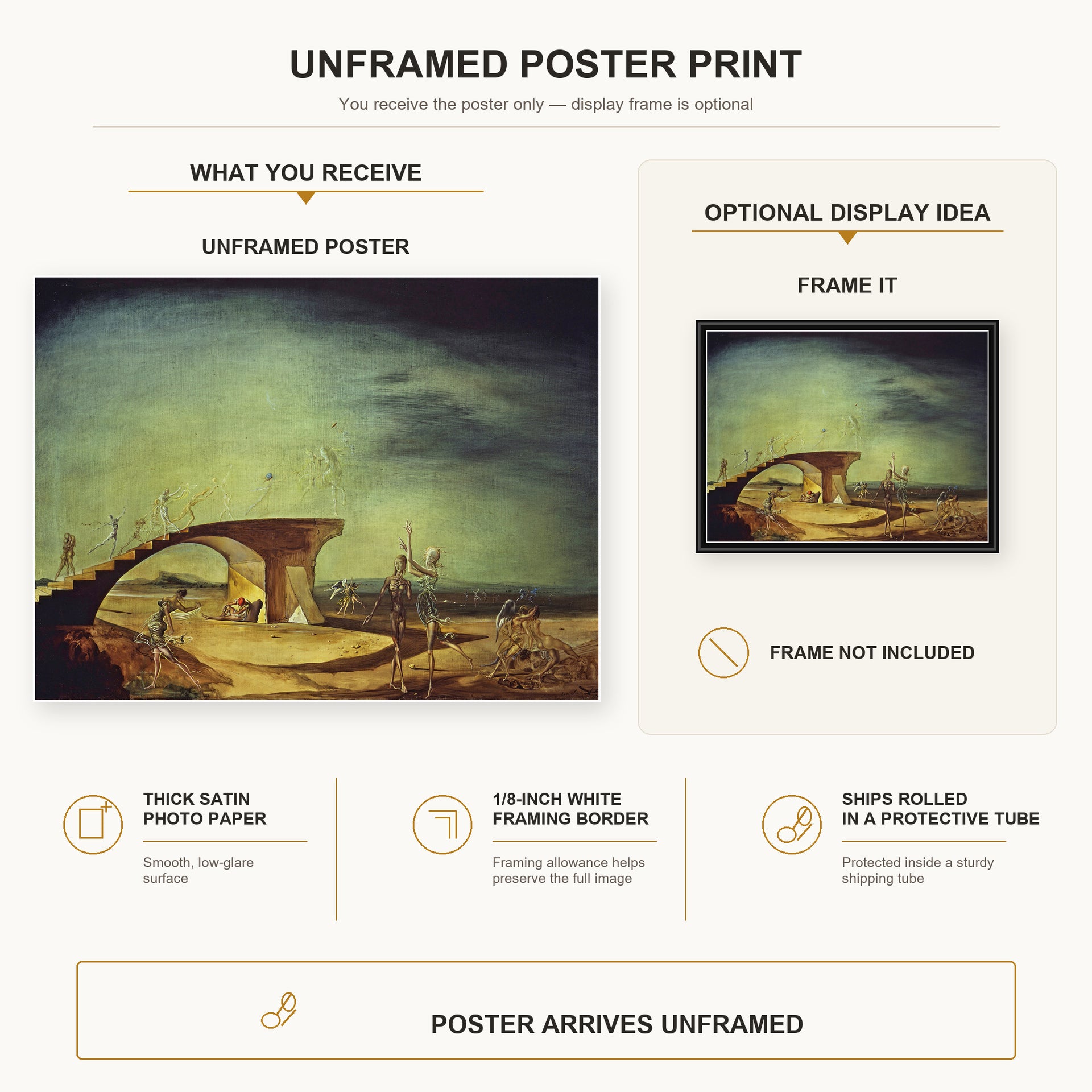 Salvador Dali - Broken Bridge and the Dream poster print size comparison and framing display infographic