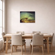 Unframed poster print of Salvador Dali's Broken Bridge and the Dream displayed on a wall in a dining room