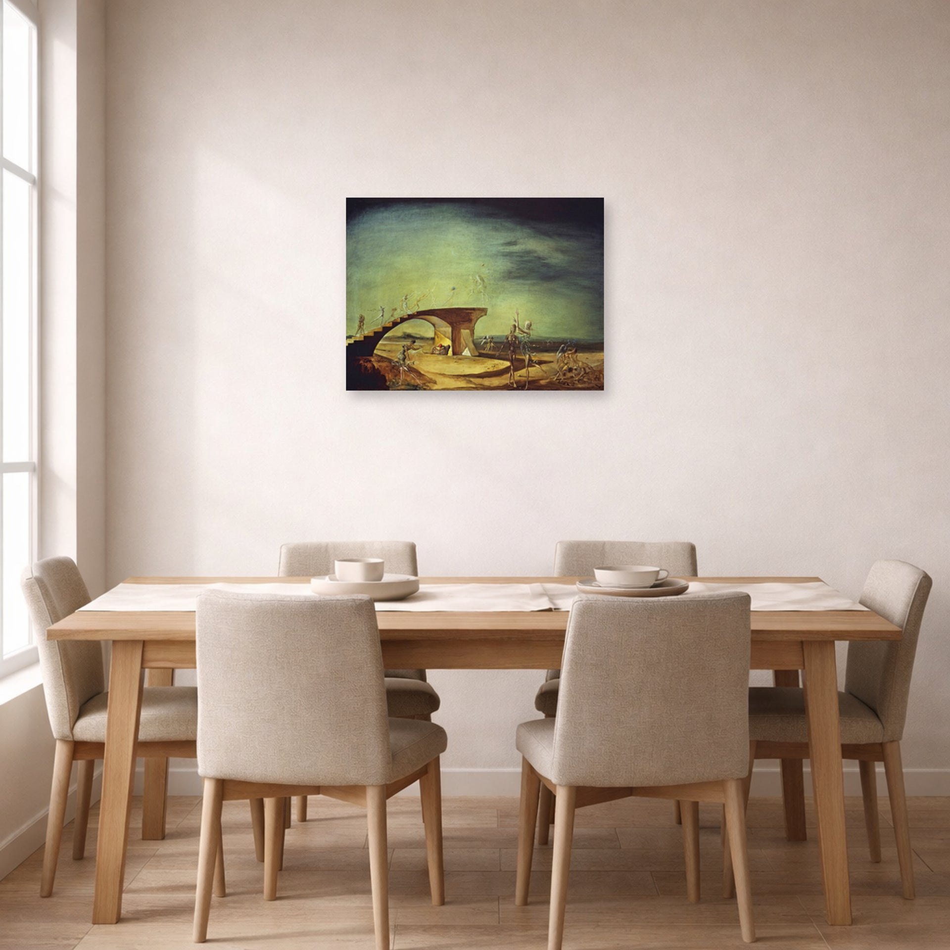 Unframed poster print of Salvador Dali's Broken Bridge and the Dream displayed on a wall in a dining room
