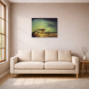 Unframed poster print of Salvador Dali's Broken Bridge and the Dream displayed on a wall in a living room