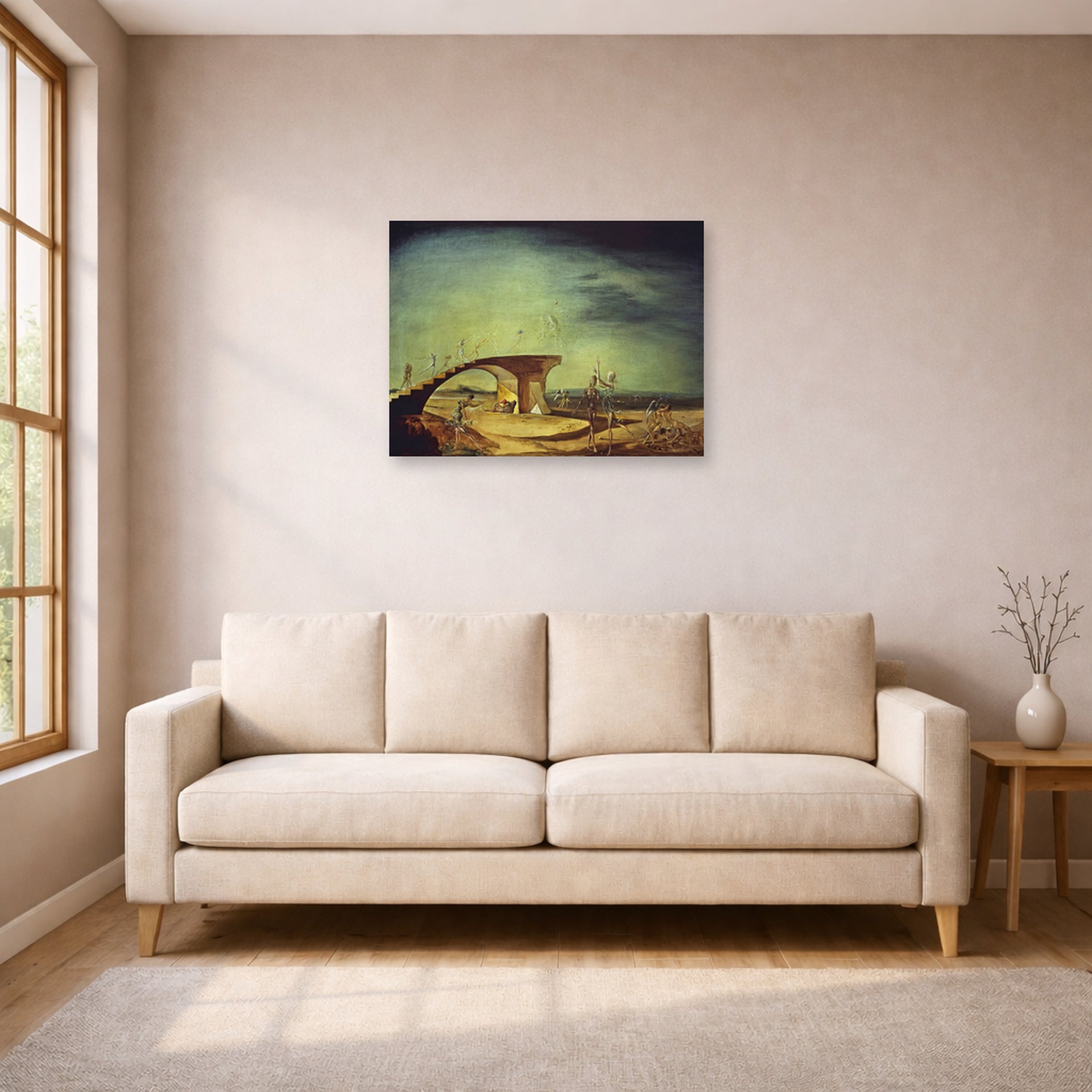 Unframed poster print of Salvador Dali's Broken Bridge and the Dream displayed on a wall in a living room