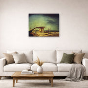Unframed poster print of Salvador Dali's Broken Bridge and the Dream displayed on a wall in a living room