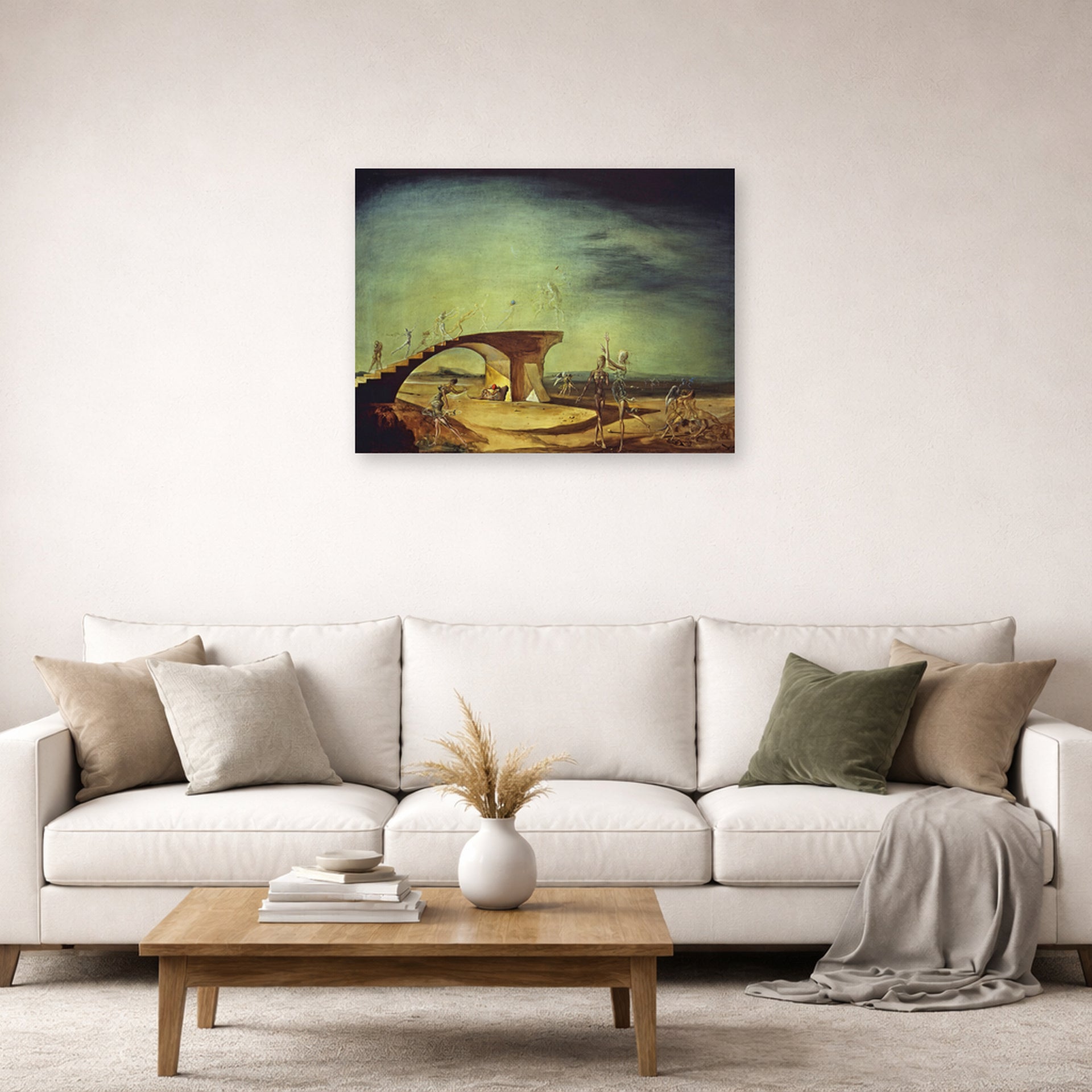 Unframed poster print of Salvador Dali's Broken Bridge and the Dream displayed on a wall in a living room