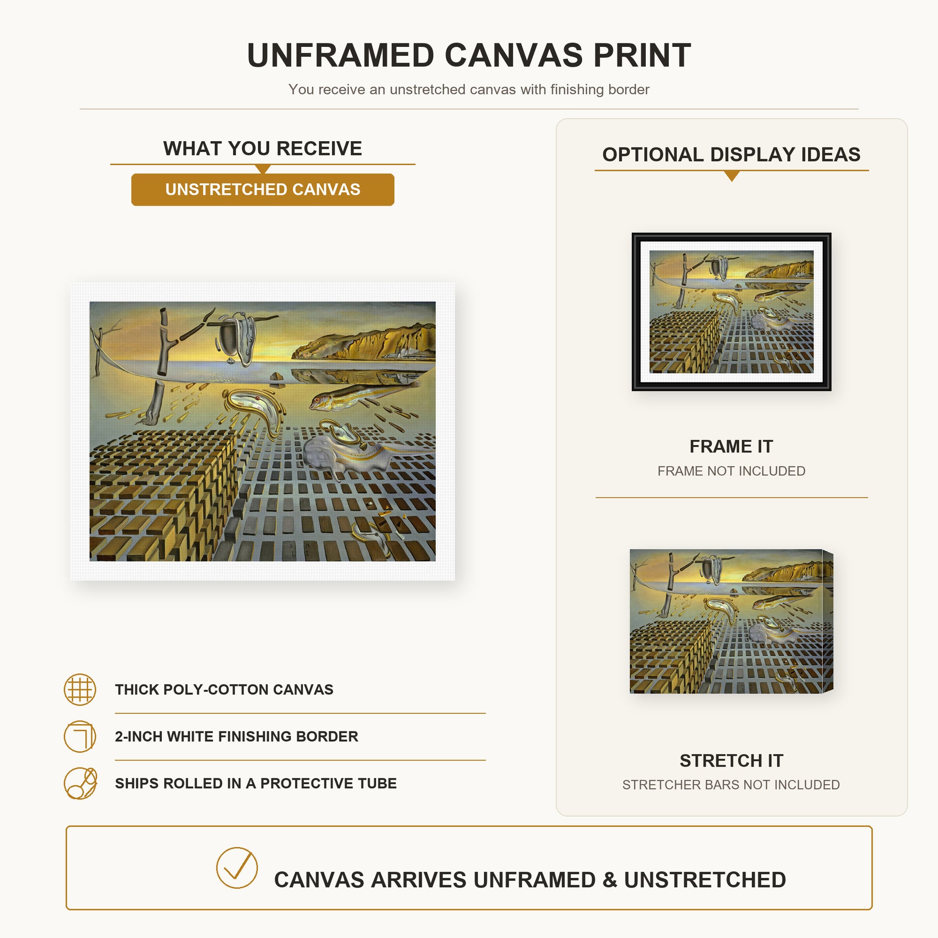 Salvador Dali - The Disintegration of the Persistence of Memory canvas print size comparison and framing display infographic
