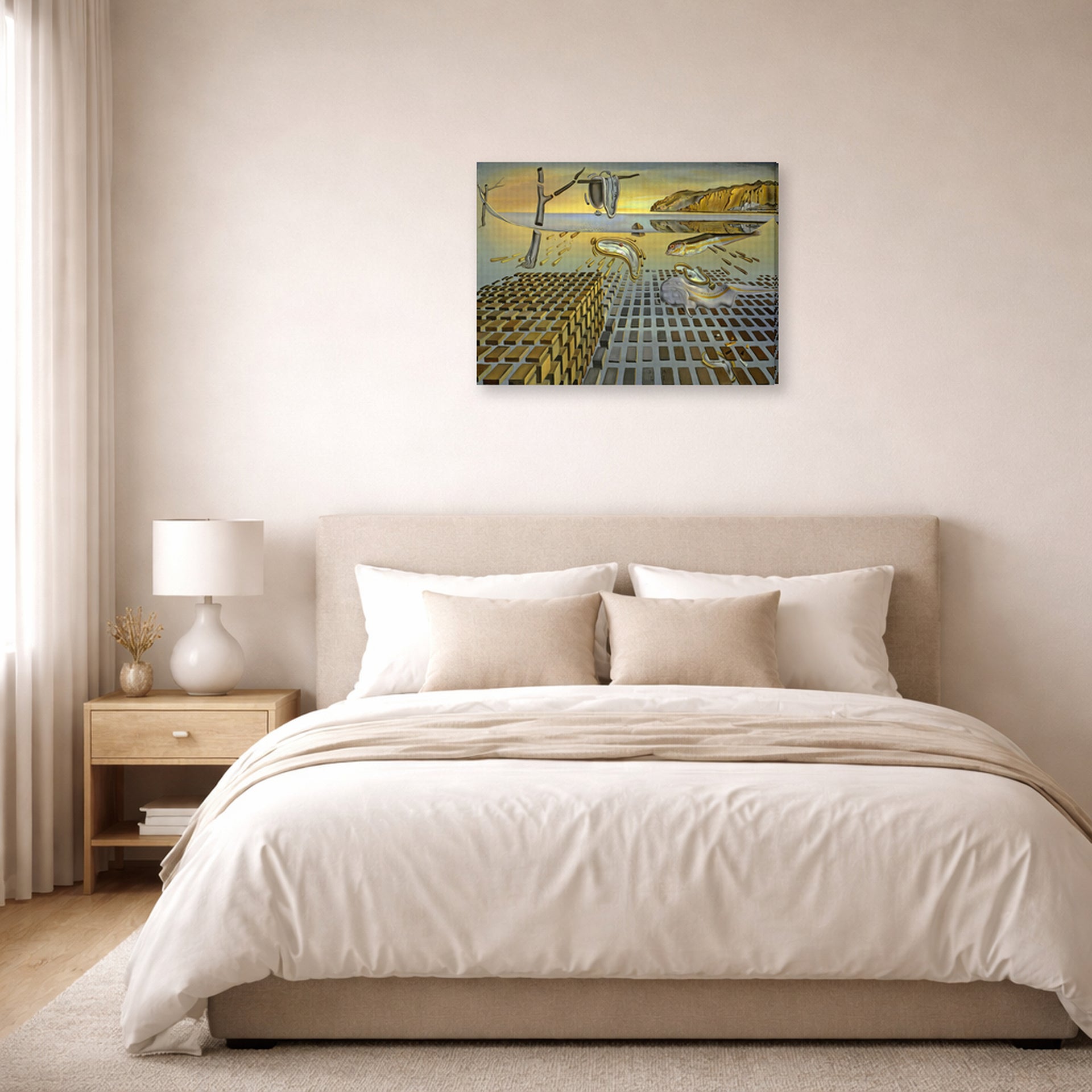 Gallery-wrapped canvas print of Salvador Dali's The Disintegration of the Persistence of Memory displayed on a wall in a bedroom