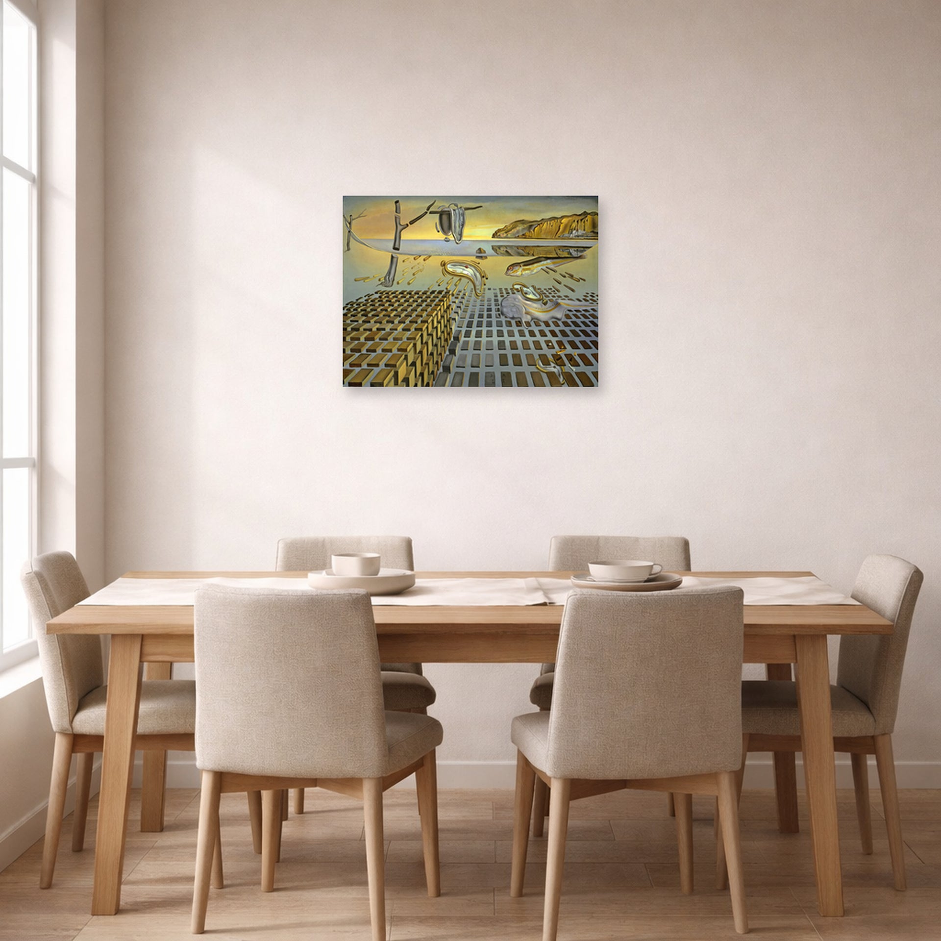 Unframed poster print of Salvador Dali's The Disintegration of the Persistence of Memory displayed on a wall in a dining room