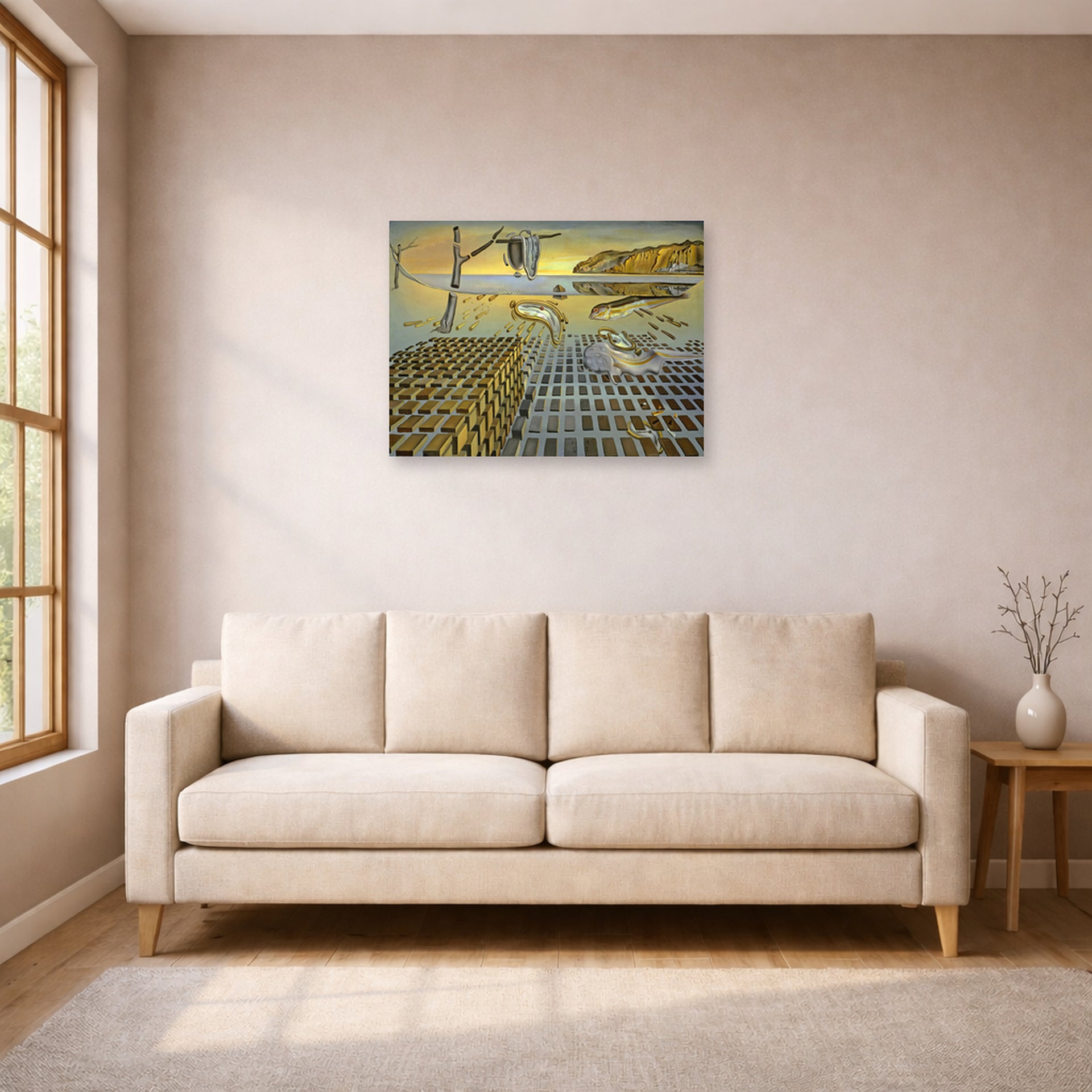 Unframed poster print of Salvador Dali's The Disintegration of the Persistence of Memory displayed on a wall in a living room