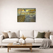 Unframed poster print of Salvador Dali's The Disintegration of the Persistence of Memory displayed on a wall in a living room