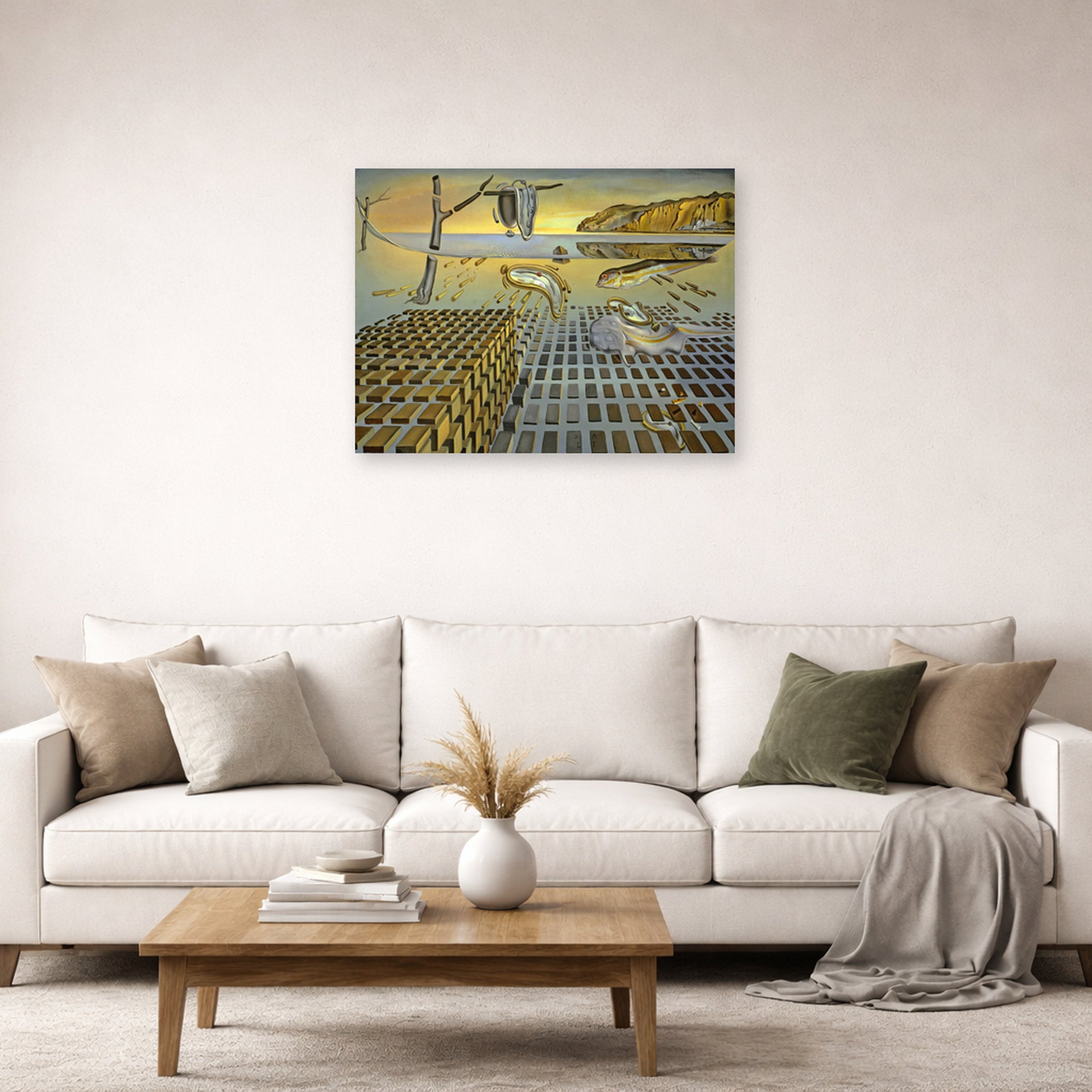 Unframed poster print of Salvador Dali's The Disintegration of the Persistence of Memory displayed on a wall in a living room