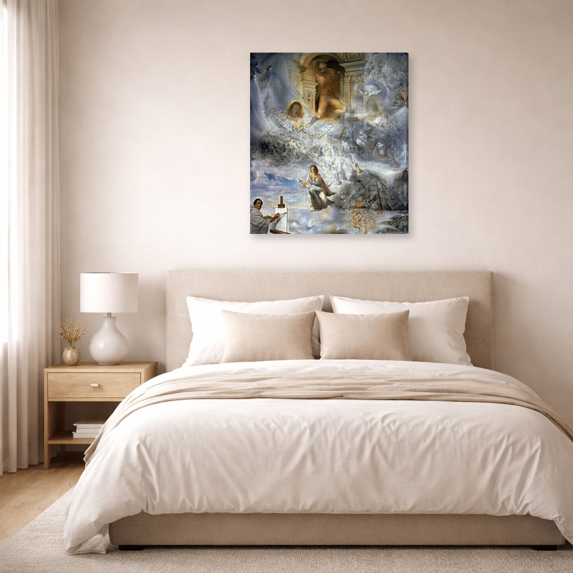 Gallery-wrapped canvas print of Salvador Dali's Ecumenical Council displayed on a wall in a bedroom