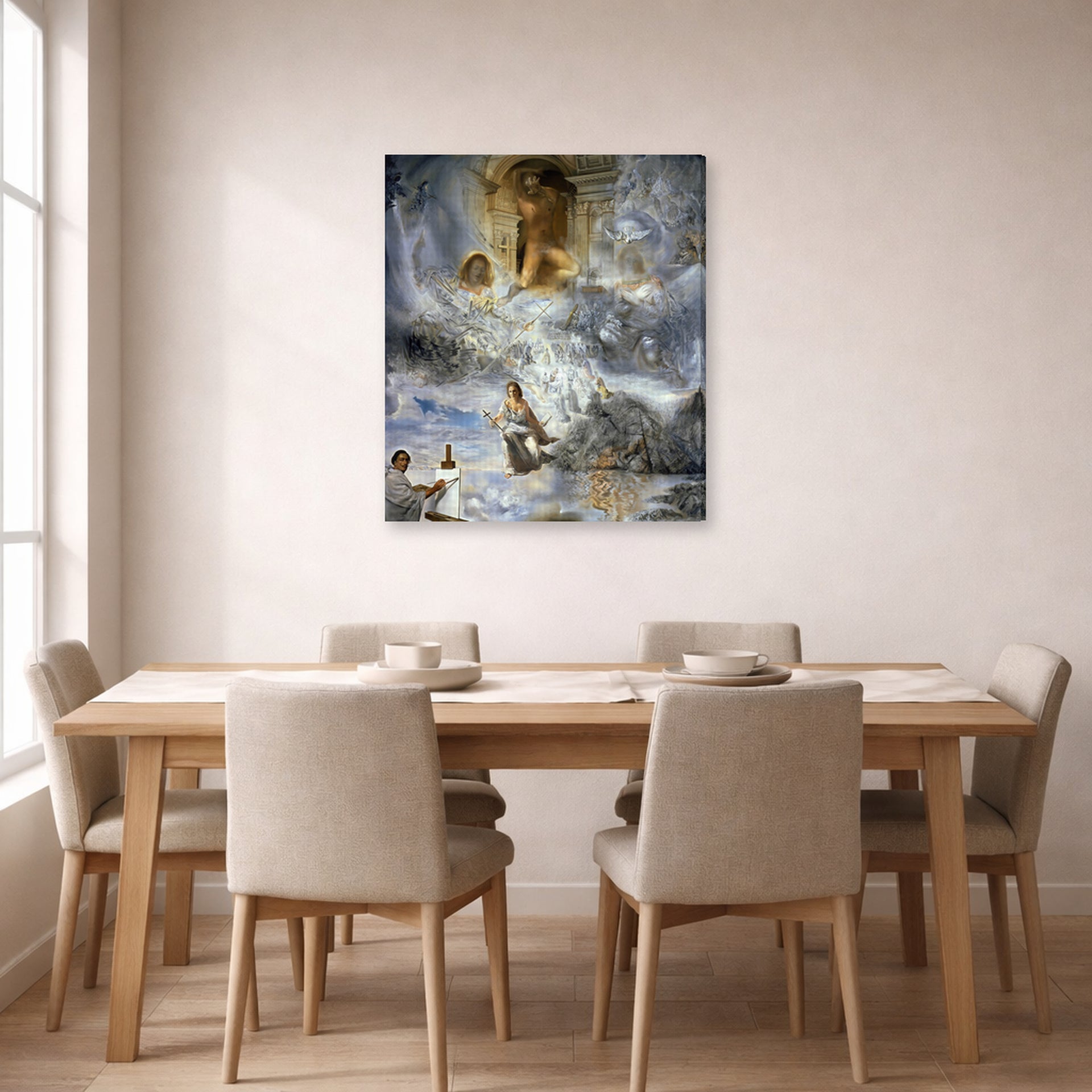 Gallery-wrapped canvas print of Salvador Dali's Ecumenical Council displayed on a wall in a dining room
