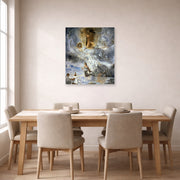 Unframed poster print of Salvador Dali's Ecumenical Council displayed on a wall in a dining room