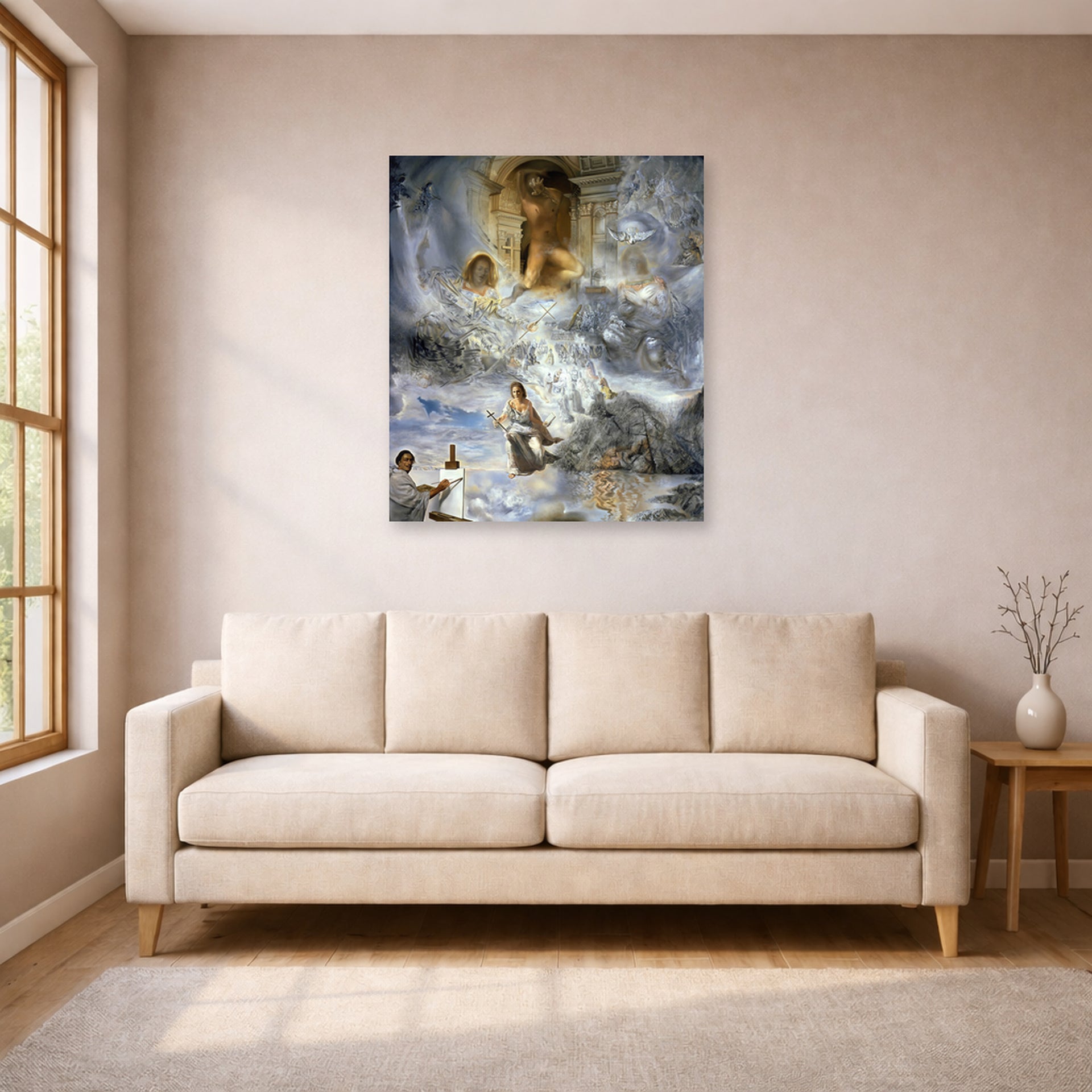 Unframed poster print of Salvador Dali's Ecumenical Council displayed on a wall in a living room