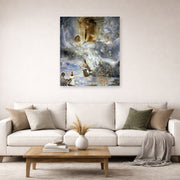 Unframed poster print of Salvador Dali's Ecumenical Council displayed on a wall in a living room