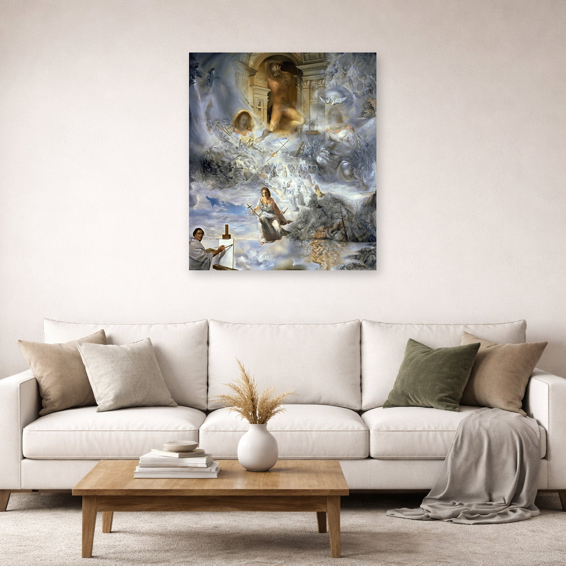 Unframed poster print of Salvador Dali's Ecumenical Council displayed on a wall in a living room