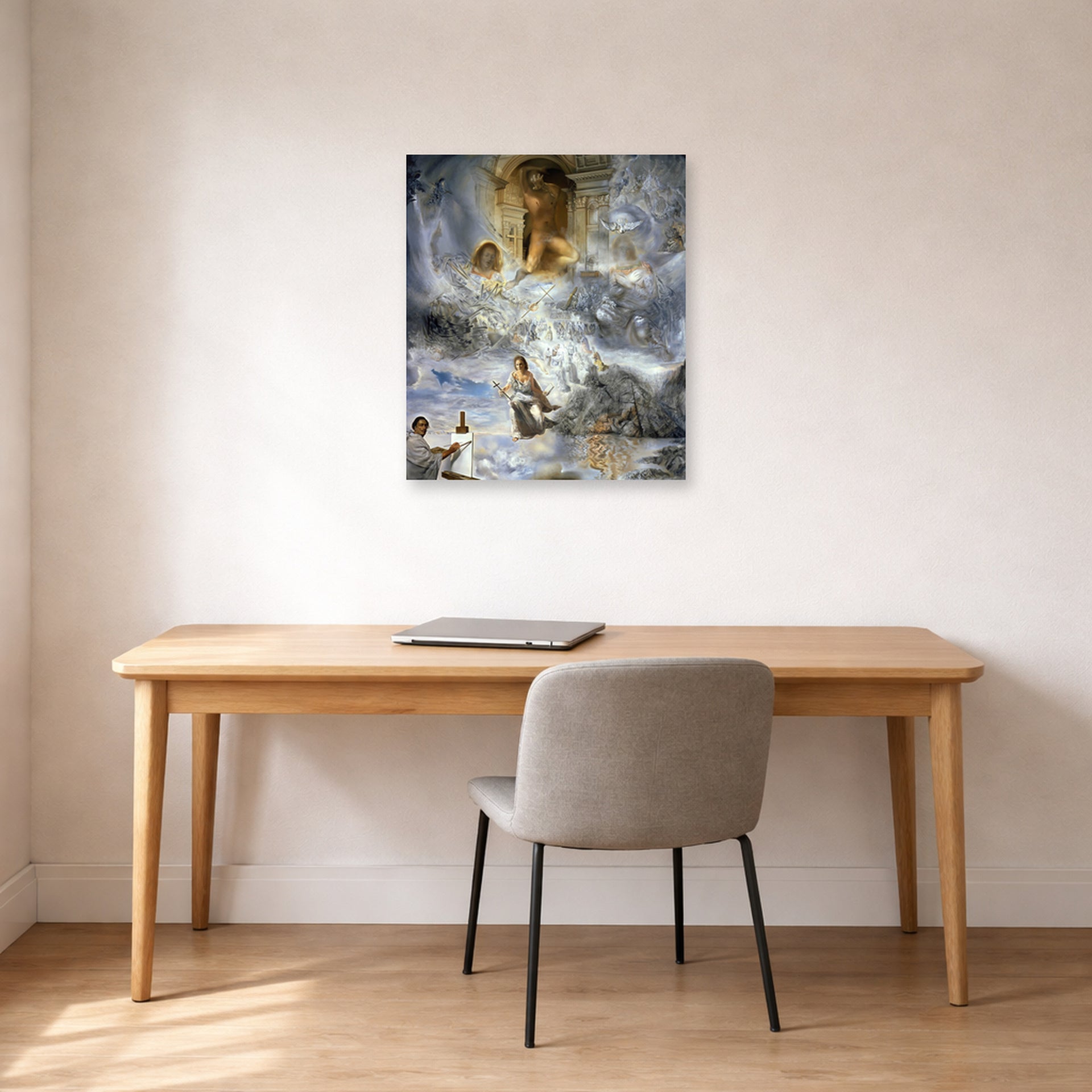 Unframed poster print of Salvador Dali's Ecumenical Council displayed on a wall in a office