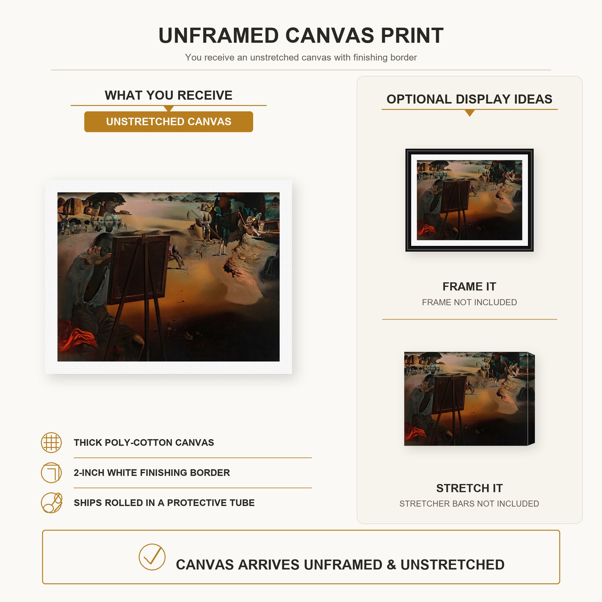 Salvador Dali - Great Paranoiac canvas print size comparison and framing display infographic