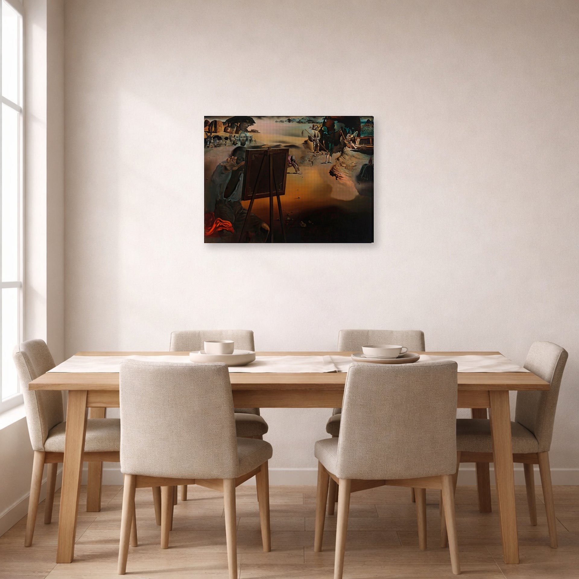 Gallery-wrapped canvas print of Salvador Dali's Great Paranoiac displayed on a wall in a dining room