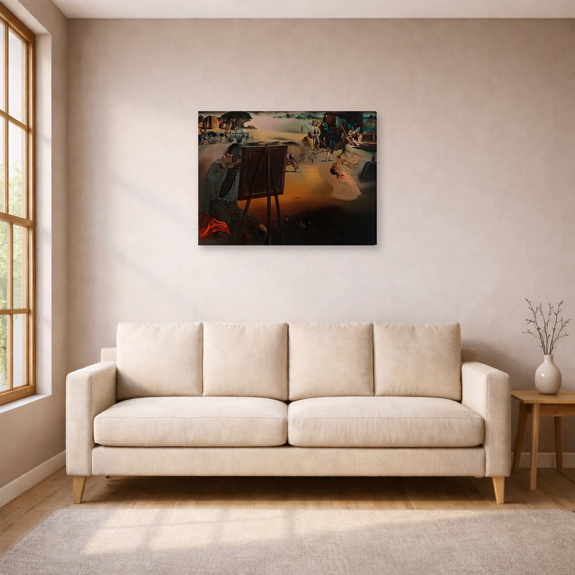 Gallery-wrapped canvas print of Salvador Dali's Great Paranoiac displayed on a wall in a living room