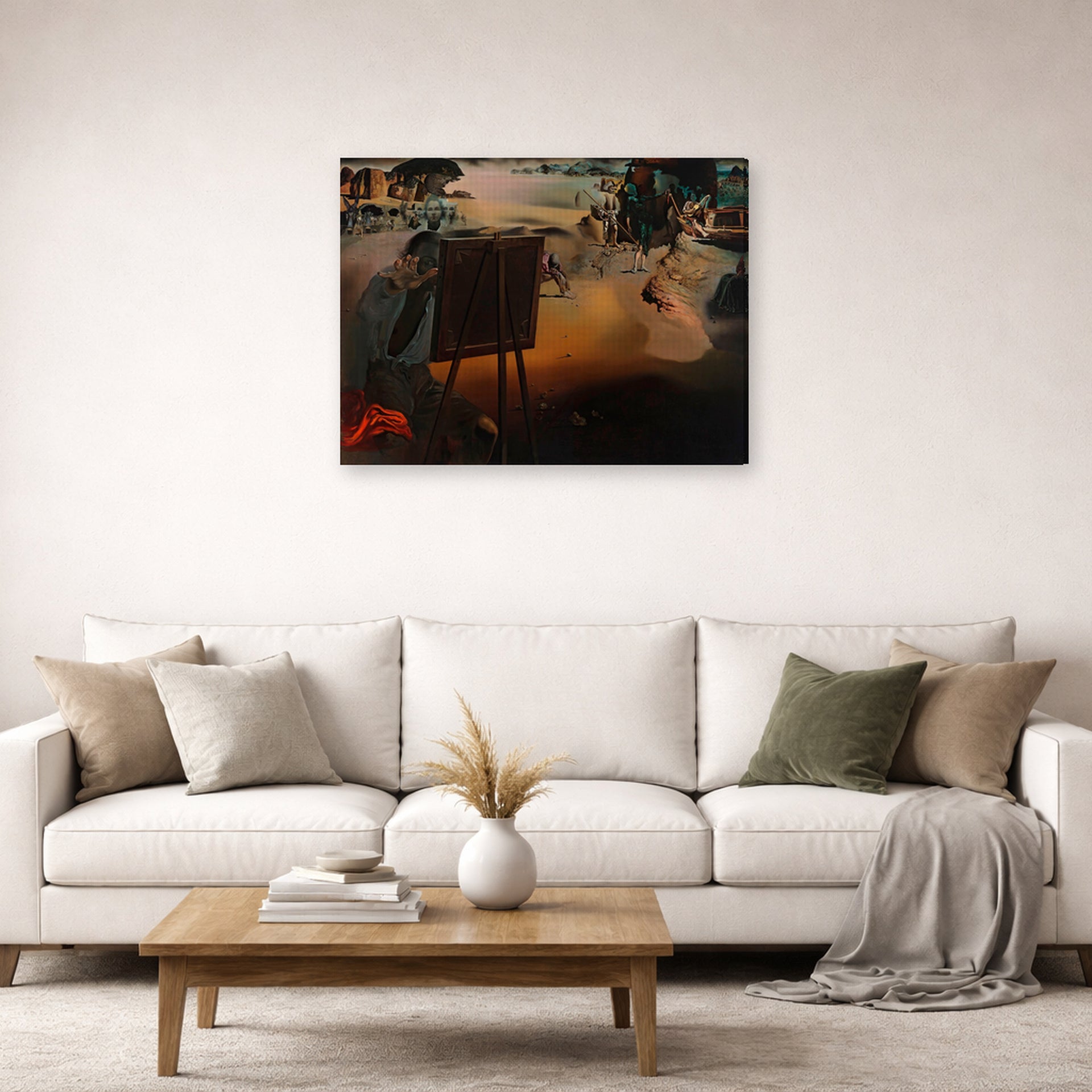 Gallery-wrapped canvas print of Salvador Dali's Great Paranoiac displayed on a wall in a living room