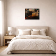 Unframed poster print of Salvador Dali's Great Paranoiac displayed on a wall in a bedroom