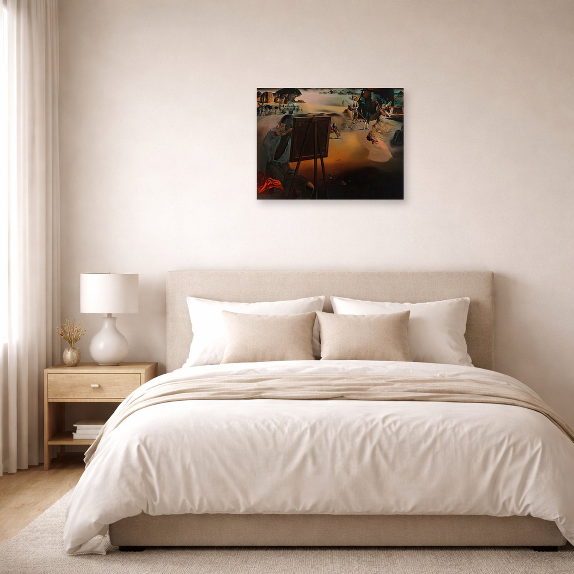 Unframed poster print of Salvador Dali's Great Paranoiac displayed on a wall in a bedroom
