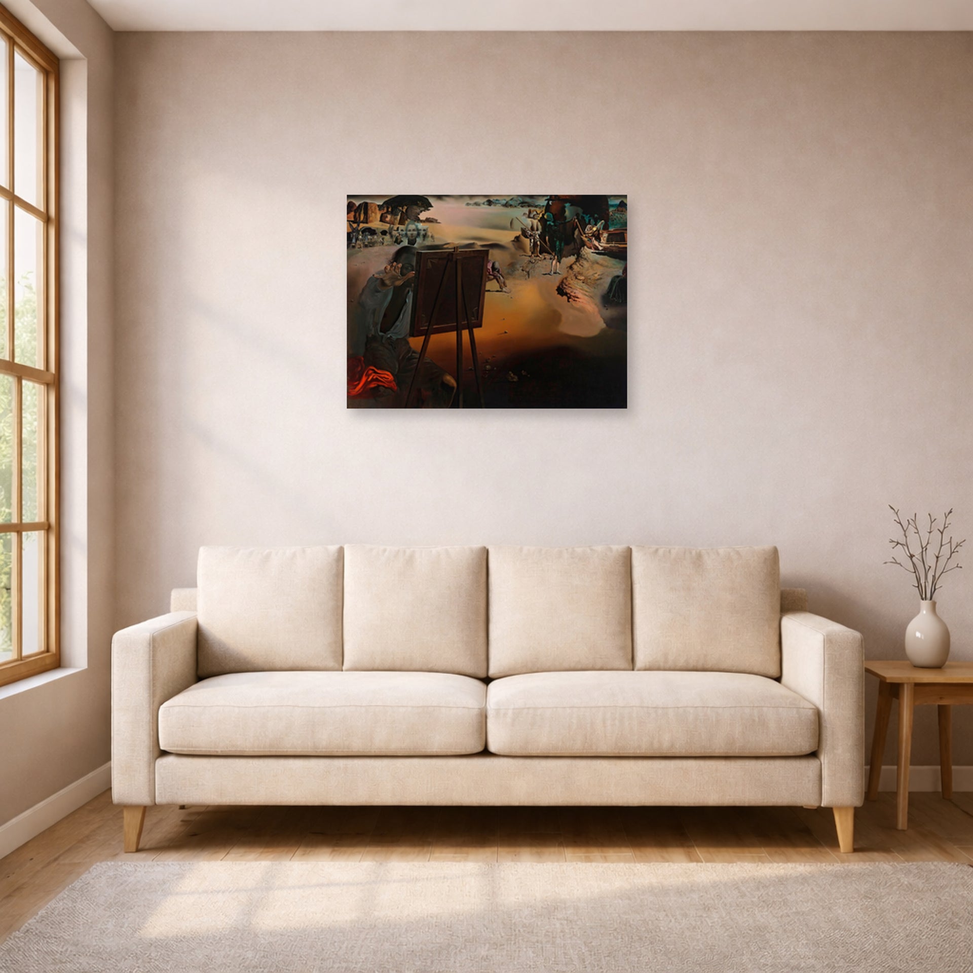 Unframed poster print of Salvador Dali's Great Paranoiac displayed on a wall in a living room