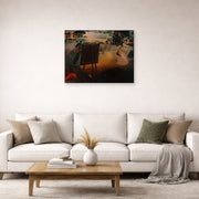 Unframed poster print of Salvador Dali's Great Paranoiac displayed on a wall in a living room