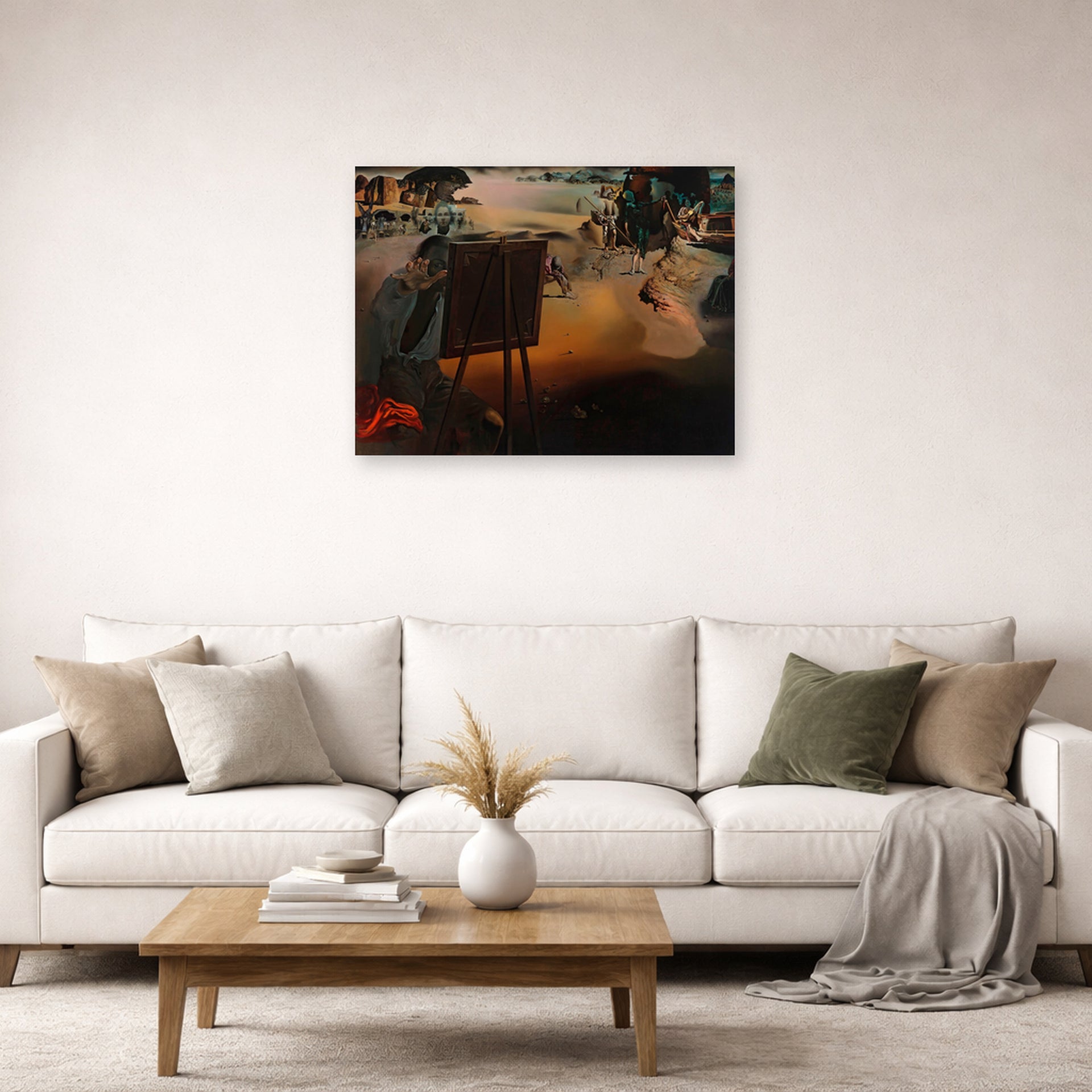 Unframed poster print of Salvador Dali's Great Paranoiac displayed on a wall in a living room