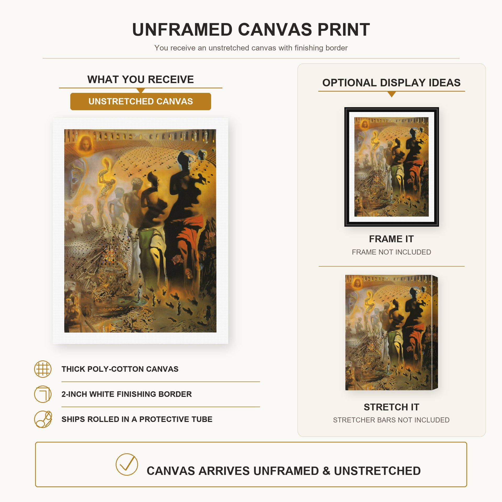 Salvador Dali - The Hallucinogenic Toreador canvas print size comparison and framing display infographic