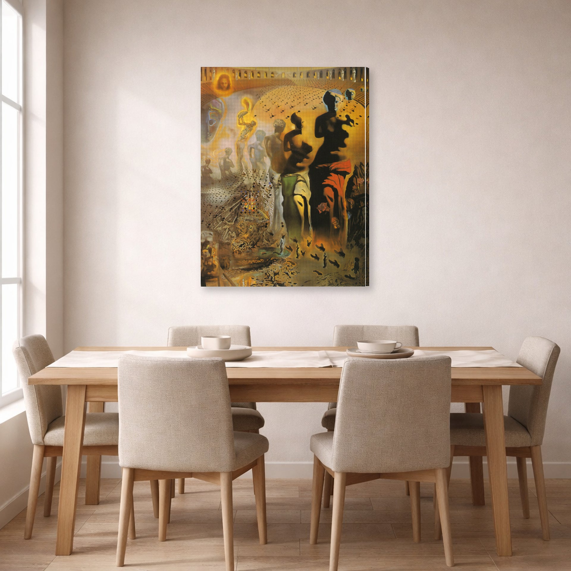 Gallery-wrapped canvas print of Salvador Dali's The Hallucinogenic Toreador displayed on a wall in a dining room