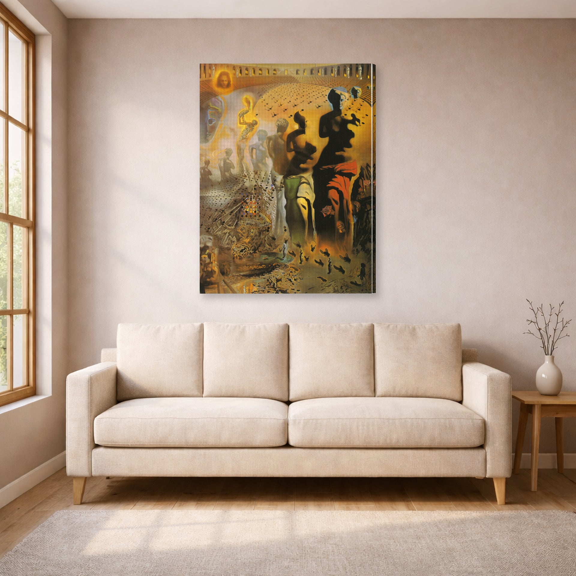Gallery-wrapped canvas print of Salvador Dali's The Hallucinogenic Toreador displayed on a wall in a living room