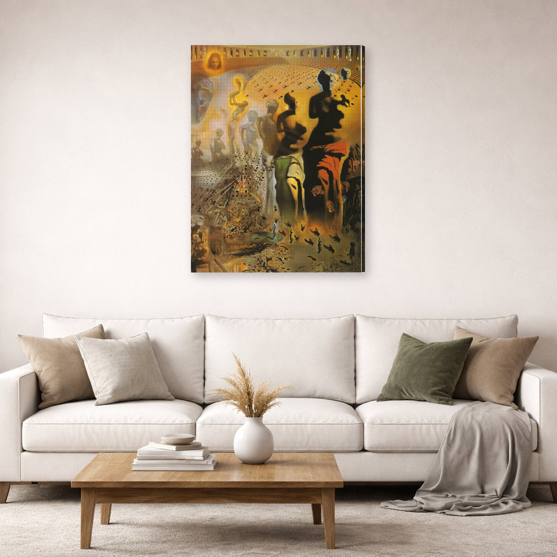 Gallery-wrapped canvas print of Salvador Dali's The Hallucinogenic Toreador displayed on a wall in a living room