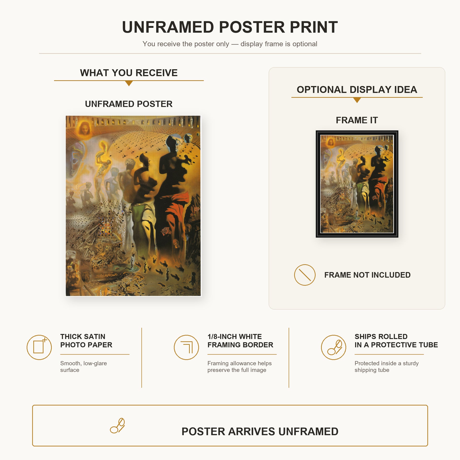 Salvador Dali - The Hallucinogenic Toreador poster print size comparison and framing display infographic