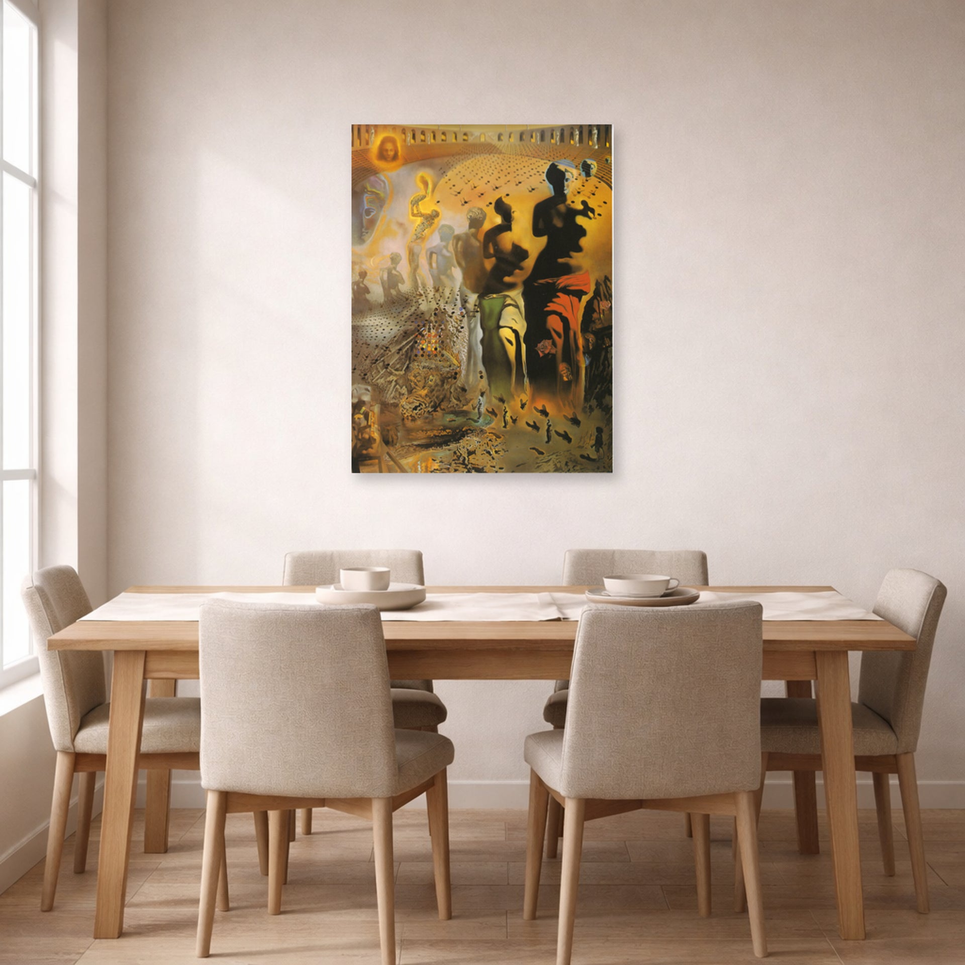 Unframed poster print of Salvador Dali's The Hallucinogenic Toreador displayed on a wall in a dining room