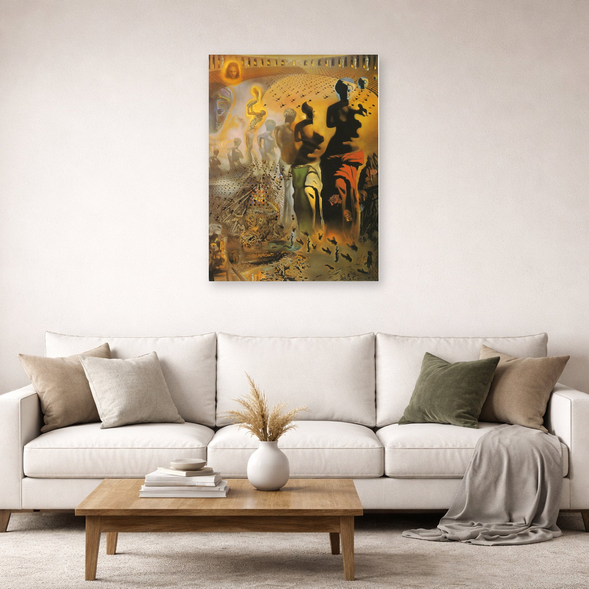 Unframed poster print of Salvador Dali's The Hallucinogenic Toreador displayed on a wall in a living room