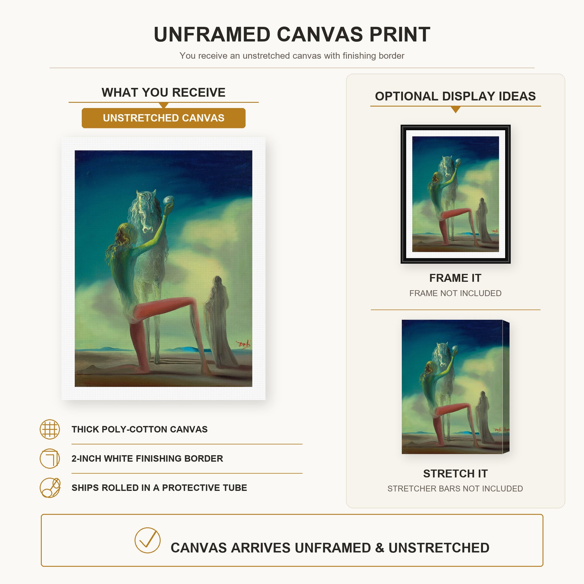 Salvador Dali - Knight of Death canvas print size comparison and framing display infographic