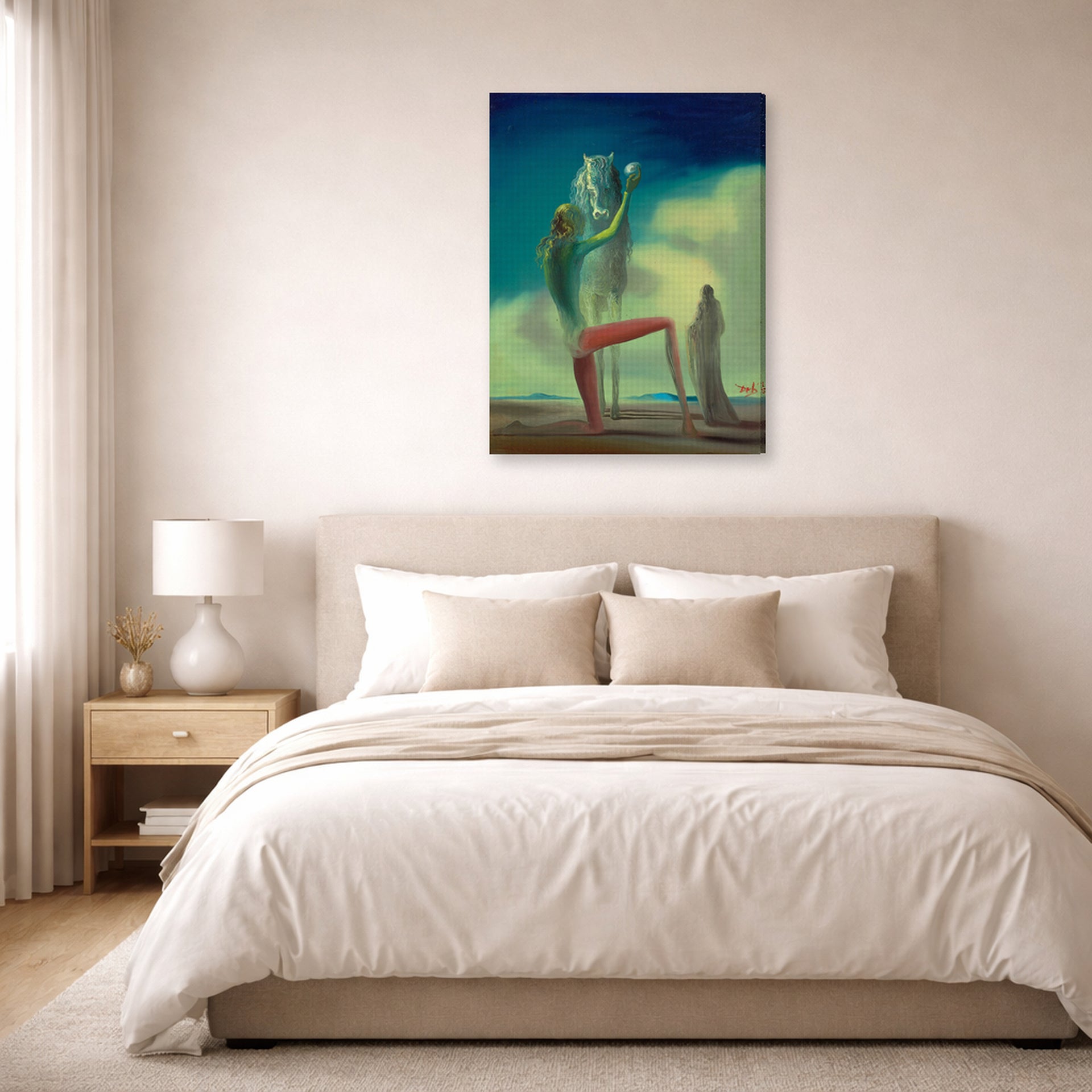 Gallery-wrapped canvas print of Salvador Dali's Knight of Death displayed on a wall in a bedroom