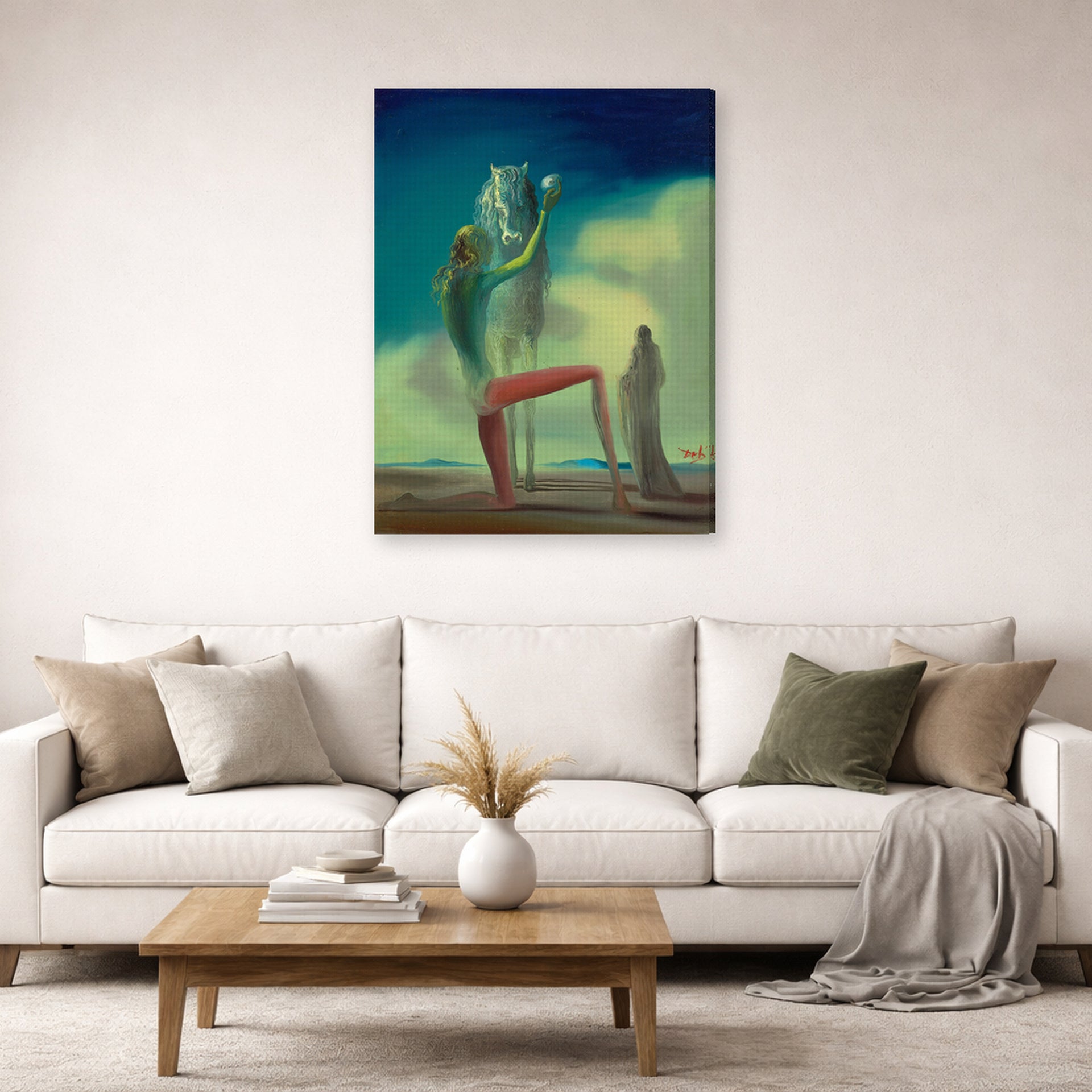 Gallery-wrapped canvas print of Salvador Dali's Knight of Death displayed on a wall in a living room