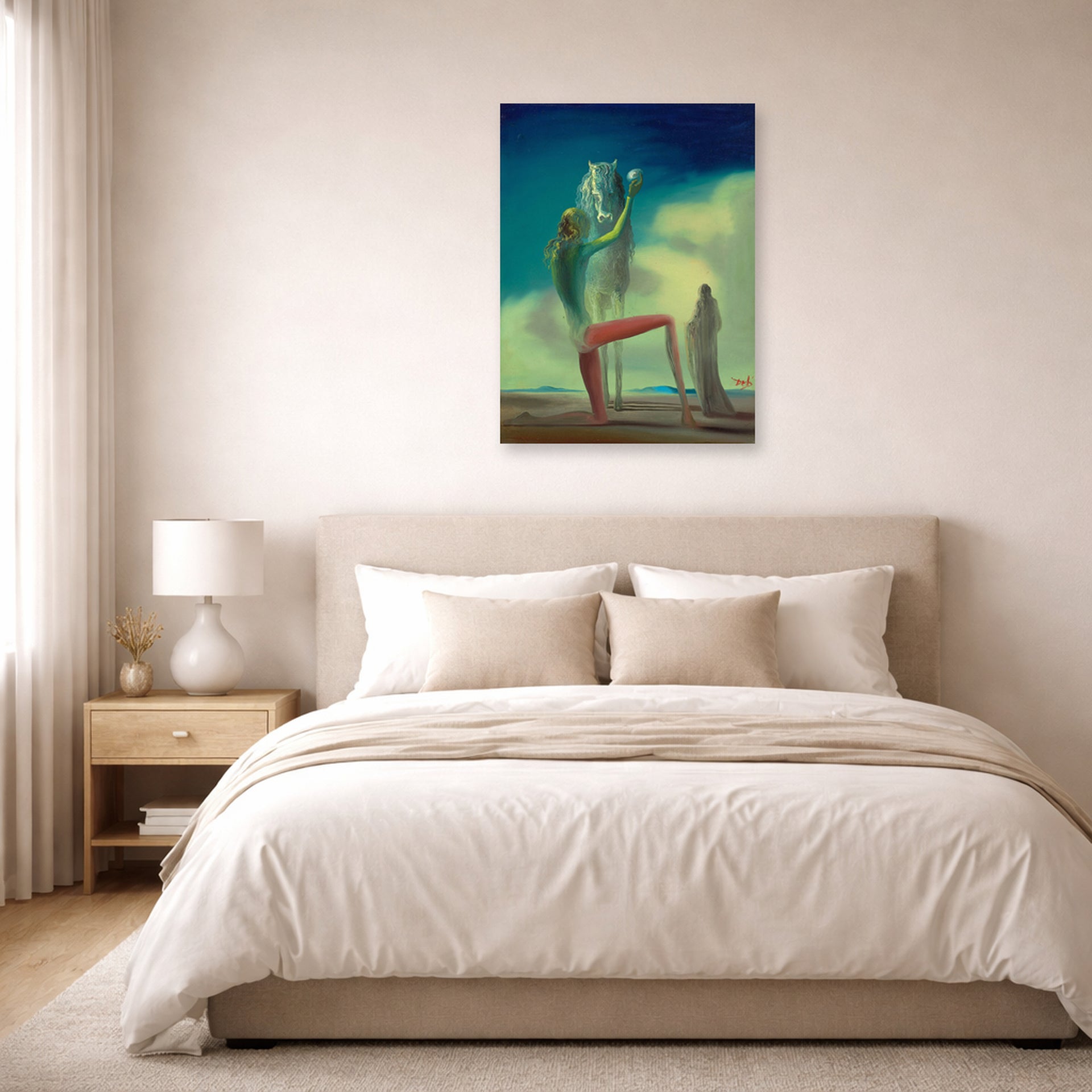 Unframed poster print of Salvador Dali's Knight of Death displayed on a wall in a bedroom
