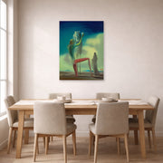 Unframed poster print of Salvador Dali's Knight of Death displayed on a wall in a dining room